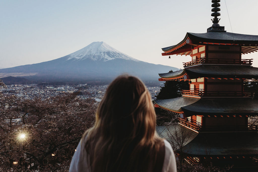 Solo Backpacking Japan Mount Fuji and Chureito Pagoda during peak sakura cherry blossom